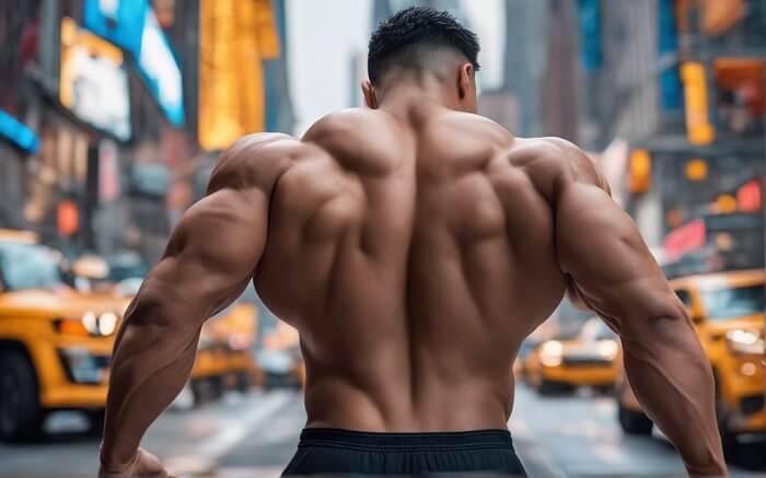 vegan bodybuilder flexing rear deltoids